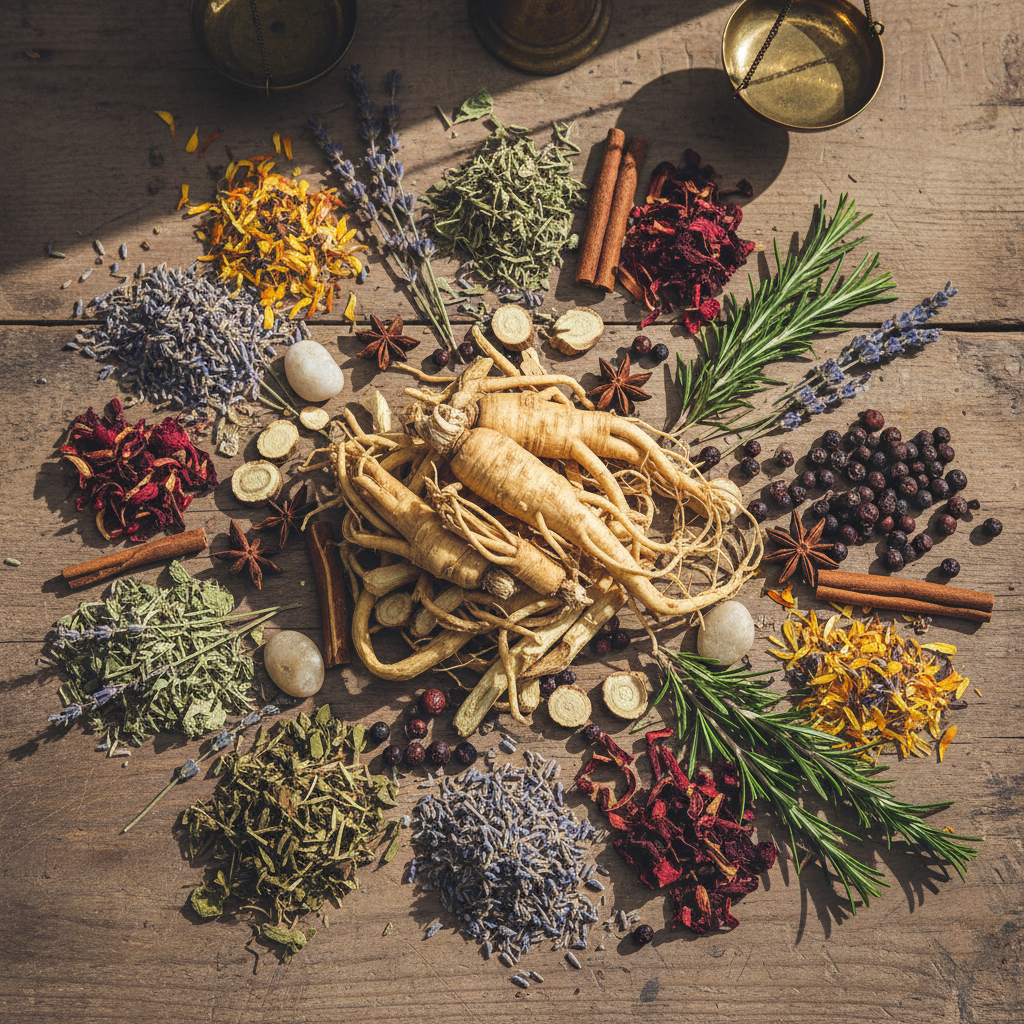 Dried botanical herbs and plant roots on natural surface