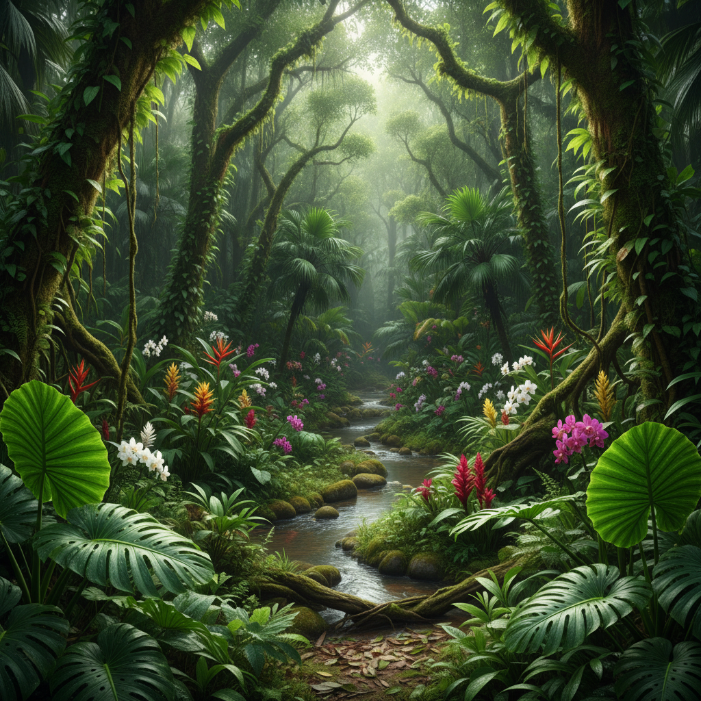 Lush tropical botanicals and plants in a natural forest setting