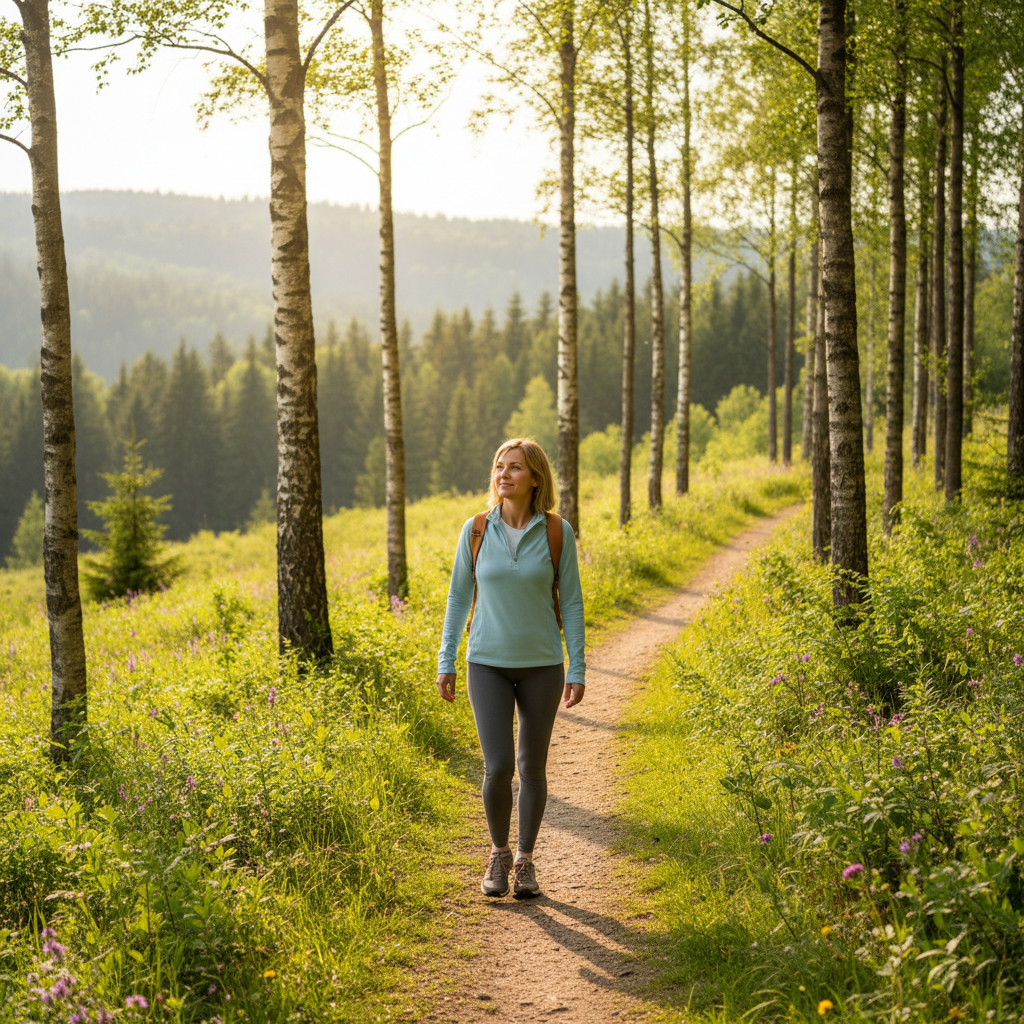 Individual engaged in gentle outdoor walking activity in a natural setting